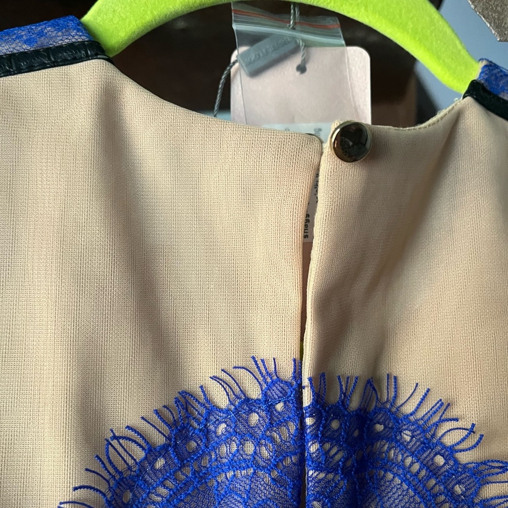 Three Floor electric blue/periwinkle Dress w/Lace, black leather, & sheer detail - Picture 11 of 16